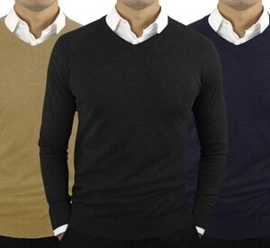 2 Maglioni Con Scollo A V In Cashmere E Lana Da Uomo: Kakhi + Blu / Taglia M
